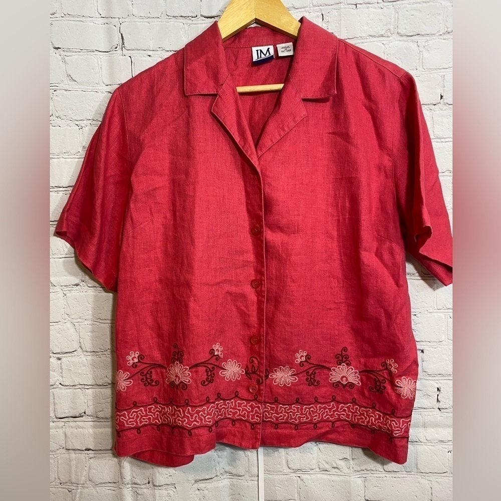 JM Collection Linen Top Womens Size Medium Button Up Floral Hem Embroidery
